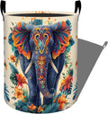 Ornate Elephant with Colorful Flowers Laundry Basket with Handles, 19.7"x15.7" Clothes Foldable Laundry Hamper Organizer for Dorm Nursery Bedroom Bathroom Decor, Toy Storage Bin for Kids