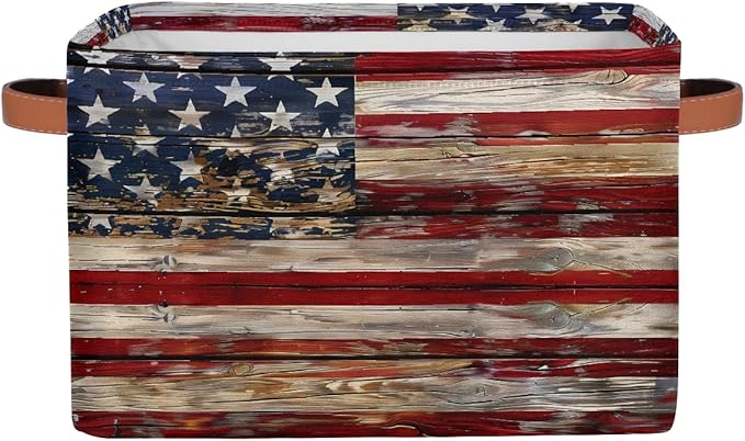 American Flag Storage Basket for Shelves, Storage Bins with Handles, Collapsible Basket for Organizing, Closet Toy Baskets for Nursery Room, 15x11x9.5 in, Canvas, Old Wooden USA Flag
