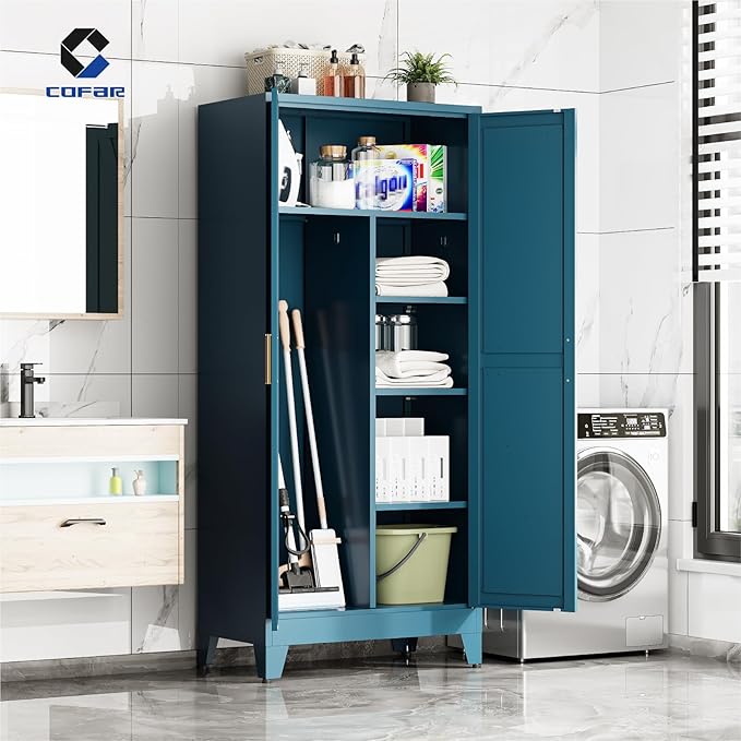 COFaR Metal Wardrobe Closet with Doors, 71'' Tall Steel Bedroom Armoire with Adjustable Hanging Rod and Shelves, Broom Closet Storage Cabinet for Garage Laundry Office, Farmhouse Peacock Blue