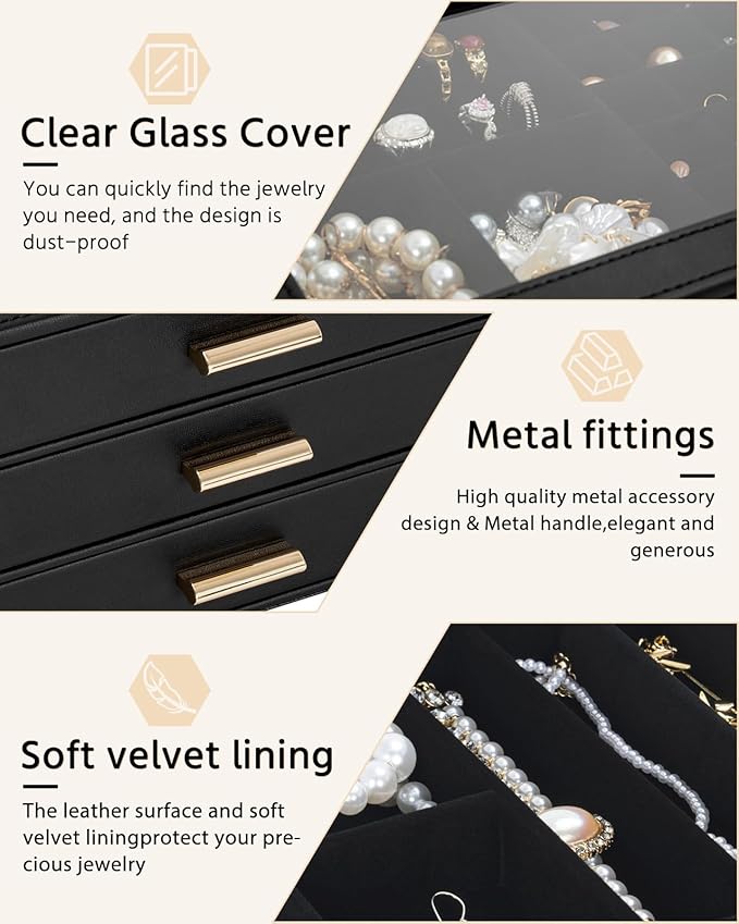 AKOZLIN Jewelry Box with Clear Lid Functional Leather Jewelry Storage Organizer Case 4 Drawers for Women Girls Necklace Ring Bracelet Earring