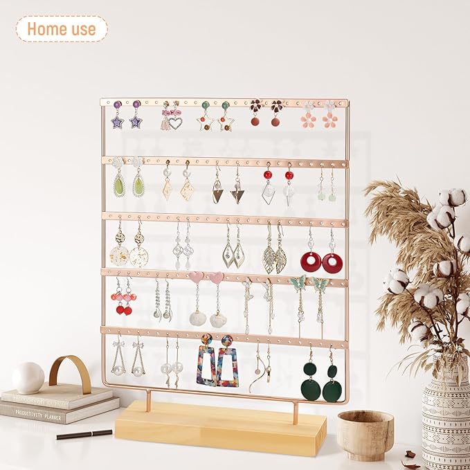 5 Tier 120 Hole Earring Holder Organizer, Rust Proof Metal and Wooden Base Jewelry Organizers and Storage for 60 Pairs of Earrings, Suitable for Home Storage and Sales Display
