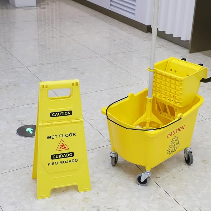 Midoneat Side Press Wringer Combo Commercial Mop Bucket on Wheels, 35 Quart,Yellow, Including Wet Floor Caution Sign（24Inch） and One Industrail Mop
