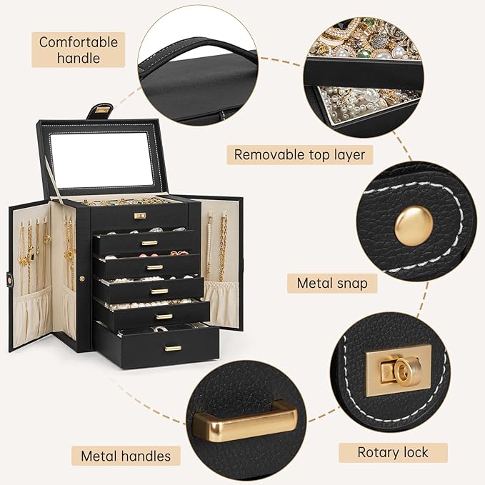 AKOZLIN 6-Tier Jewelry Box Organizer Functional 5 Drawers Leather Jewelry Storage Case for Women Girls Ring Necklace Earring Bracelet Holder Organizer with Mirror Black