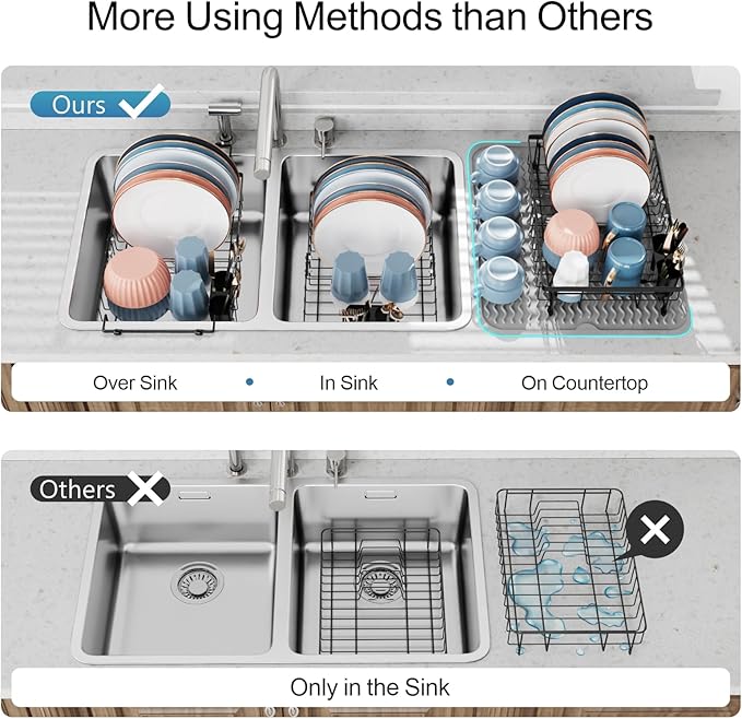 iSPECLE Expandable Dish Drying Rack with Silicone Mat for Sink or On Counter, Rust Resistant Adjustable Dish Drainer with Tightening Knob, Arms with Non Slip Rubber, 12.8" W x 12.4"-17.1" L, Black