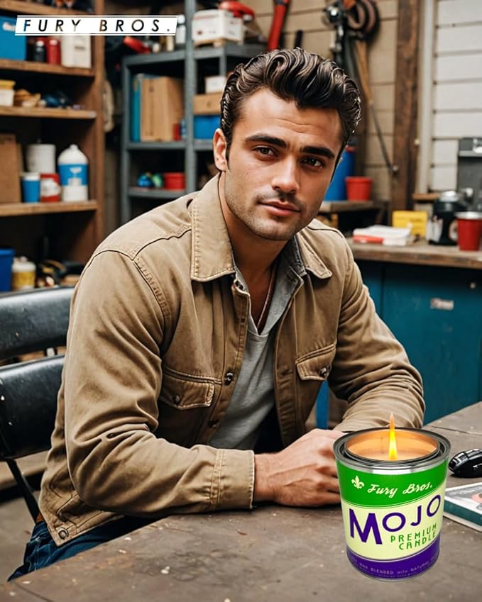 Fury Bros. Scented Candles for Men | Mojo | Frankincense Myrrh Burning Sage | Natural Soy Wax | Hand-Poured in The USA | Long 70-80 Hour Burn (12.5 oz) | Vintage-Inspired Tin Design | Dad Home Gift
