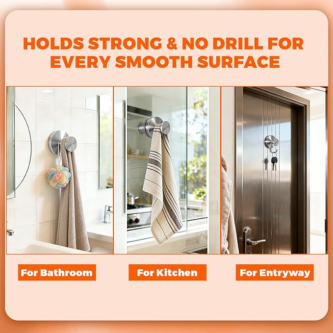 2026 Upgraded Drill-Free Suction Cup Hooks, Stainless Steel Suction Cup Hooks for Shower, Mirror, Wall, Bathroom, Glass, Hanging Towels - 2 Pack