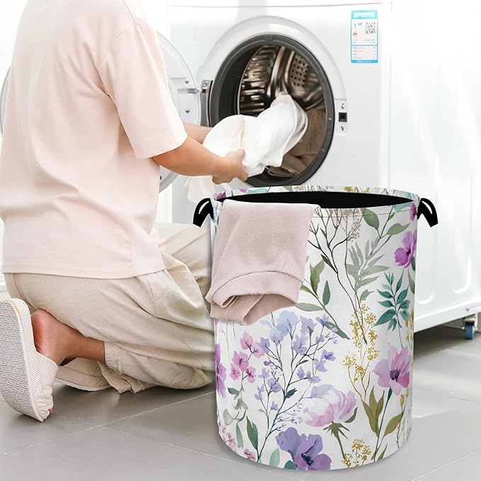 Wildflower Plant Laundry Basket,Botanical Oxford Cloth Laundry Hamper with Handle Foldable Portable Clothes Storage Basket for Bathroom Bedroom Dorm Room 16" x 20.8"