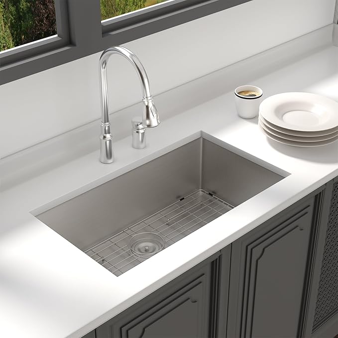 Lordear 33 Undermount Kitchen Sink 33x19x10 Inch Stainless Steel Single Bowl Kitchen Sinks Round Corner 16 Gauge Handmade Under Counter Sinks Basin