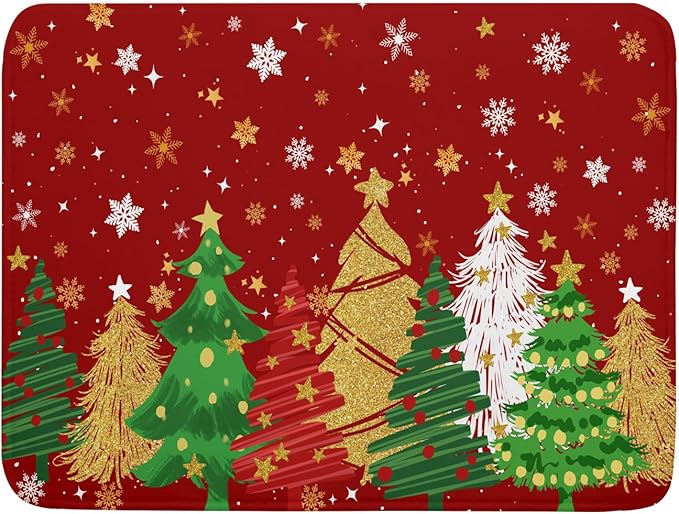 Christmas Dish Drying Mat 18 x 24 Inch Red and Green Absorbent Reversible Microfiber Mat Xmas Tree and Snowflake Pattern Dish Rack Pad for Coffee Bar Winter Decor