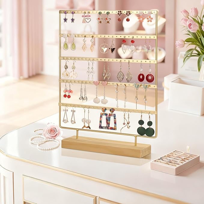 5 Tier 120 Hole Earring Holder Organizer, Rust Proof Metal and Wooden Base Jewelry Organizers and Storage for 60 Pairs of Earrings, Suitable for Home Storage and Sales Display