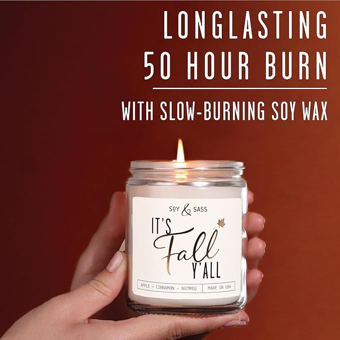 Fall Candles - 'It's Fall Yall' Candle w/Apple Cinnamon & Nutmeg I Infused with Essential Oils I Autumn Scented Candles I Cozy Cute Décor Gifts I 9oz Jar I 50Hr Burn I Made in USA