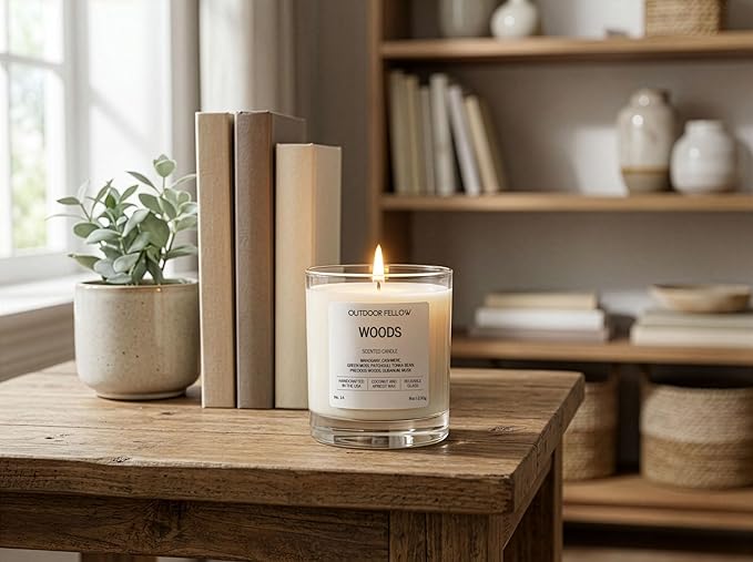 Outdoor Fellow Woods Scented Candle, 8oz, Coconut & Apricot Wax Blend, Mahogany, Cashmere, Patchouli, Tonka Bean, 40-50 Hour Burn Time, Earthy Home Fragrance