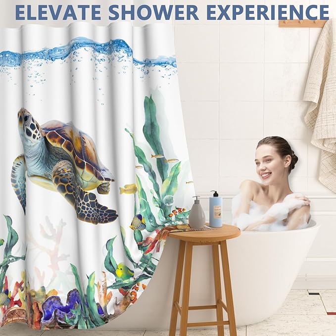 Sea Turtle Shower Curtain Set, Ringless Shower Curtains with Snap-in Washable Shower Curtain Liner and See-Through Window, Nautical Bathroom Decor, 71x74 Inches