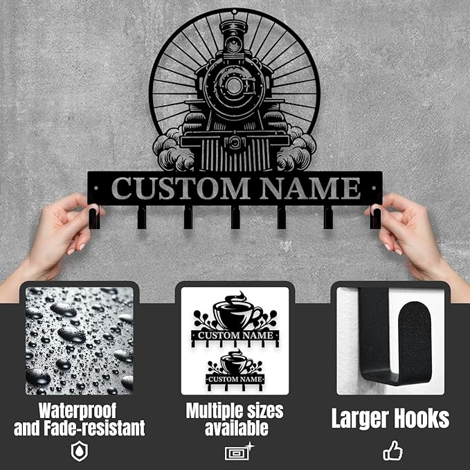 Personalized Train Metal Keys Hooks,Custom Name Metal Train Keys Hooks,Black Metal Train Wall Home Storage Decorative Keys Hooks,Key Holder Hooks for Wall (Style K)