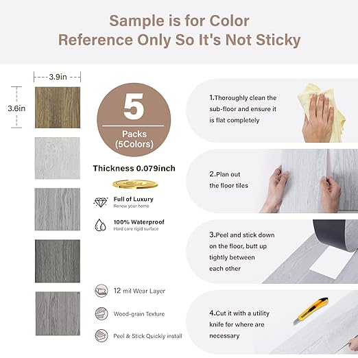 Peel and Stick Floor Tile Vinyl Plank Flooring Sample Set of 5 Packs, INMOZATA Self Adhesive Waterproof Vinyl Flooring Wood Grain Look Floor Tile for Bedroom, Living Room, Kitchen, RV (Sample)