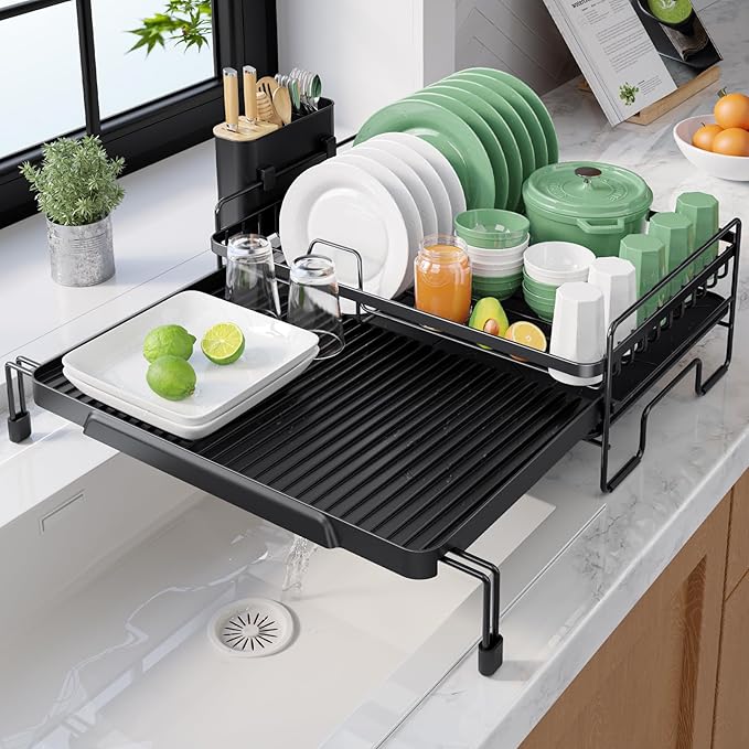 Kitsure Extendable Dish Drying Rack - Adjustable Length 12.8"–21.0", Auto-Draining Dish Rack for Kitchen Counter, Rust-Resistant Metal Frame Over-Sink Support for Plates, Bowls & Utensils, Black