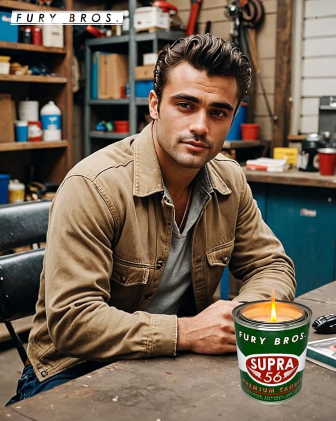 Fury Bros. Scented Candles for Men | Supra 56 | Sandalwood Patchouli Cedar | Natural Soy Wax | Hand-Poured in The USA | Long 70-80 Hour Burn (12.5 oz) | Vintage-Inspired Tin Design | Dad Home Gift