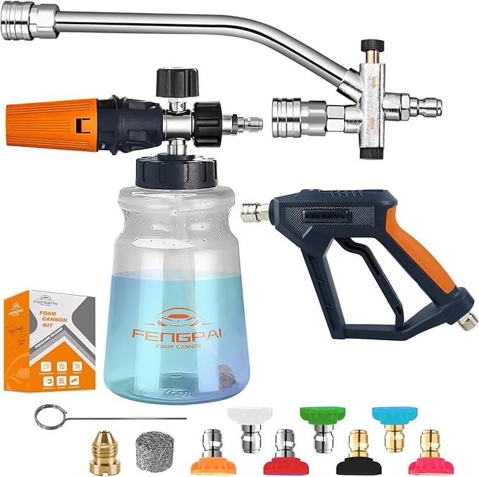 Feng Pai Pressure Washer Gun with Foam Cannon and Dual Connector, 7 Pressure Washer Sprayer Nozzles, Double Tip Attachment for Soap Cannon, 1/4" Quick Connect