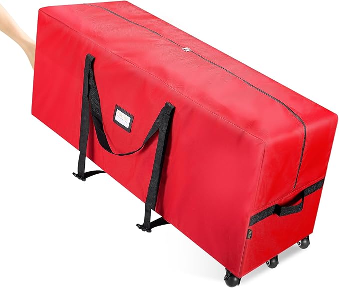 BALEINE 9 ft Rolling Christmas Tree Storage Bag, 3 Swivel Wheels for Easy Moving, Heavy Duty 600D Oxford Fabric Extra Large Artificial Christmas Tree Bag with Reinforced Carry Handles (Red)