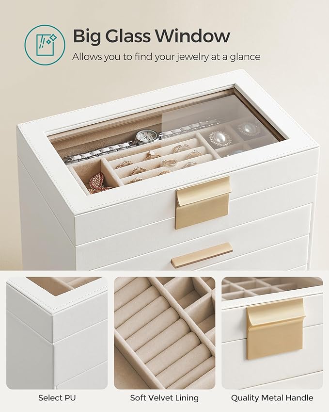 SONGMICS Jewelry Box Organizer with Glass Lid, 6-Layer Jewelry Storage, with 5 Drawers, Modern Style, 6.4 x 9.9 x 11.4 Inches, Cloud White and Gold Color UJBC171W01