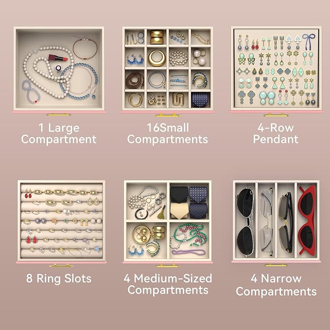Jewelry Boxes for Women, 6 Layer Jewelry Organizer with Glass Lids, Jewelry Holder Organizer with 5 Drawers and 2 Glass Doors for Jewelry Storage, Big Jewelry Box for Womens Gift (Rose Gold)