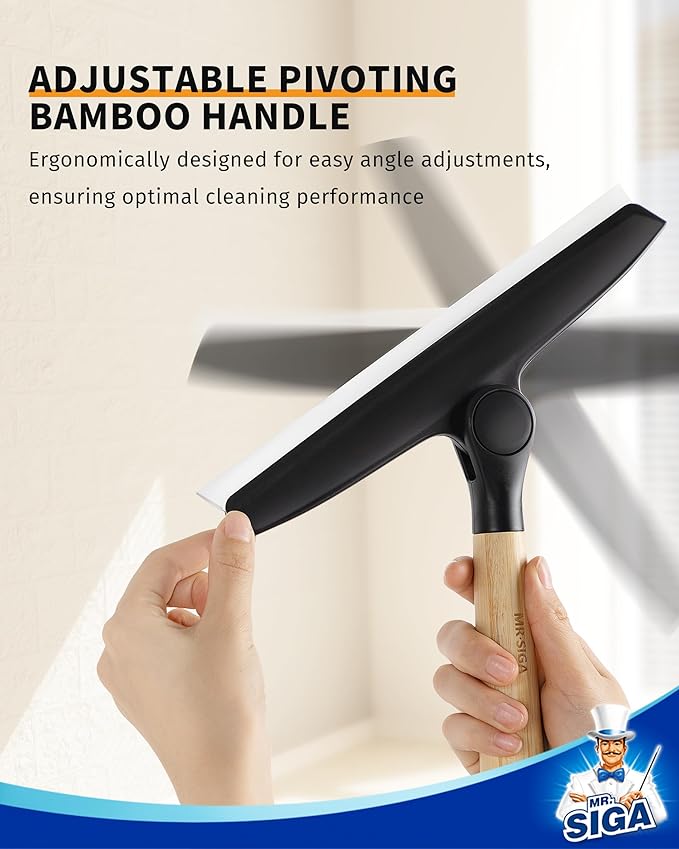 MR.SIGA All Purpose Silicone Squeegee for Shower Door, Mirror, Glass, Streak Free Shower Squeegee, Pivoting Bamboo Handle, Includes 1 Suction Hook, 10 inch Wide, Black, 1 Pack