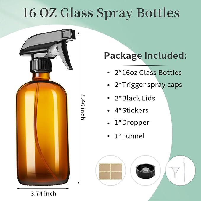 GIVAMEIHF 16oz Amber Glass Spray Bottles,2 Pack Glass Spray Bottles Refillable Empty Bottle with Adjustable Nozzle,Spray Bottle for Essential Oils,Cleaning,Pets,Hair Mister