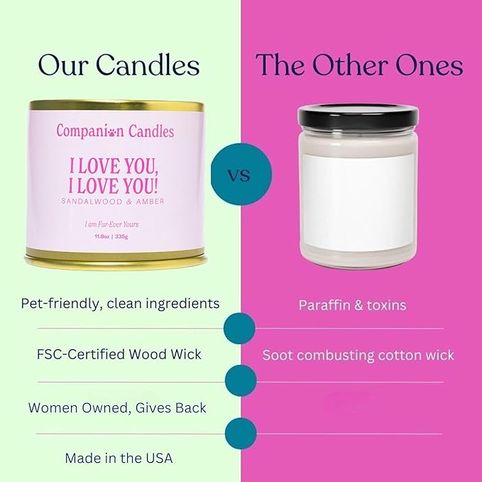 Companion Candles Pet Safe Wood Wick Candle - “I Love You, I Love You!” Sandalwood & Amber, Coconut Soy Wax Scented, Over 50 Hr Burn Time, Non-Toxic, Women-Owned, Made in USA (11.8 oz.)