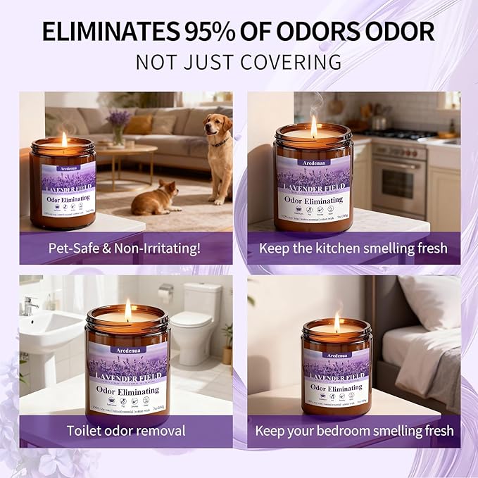 Lavender Odor Eliminating Candles | Eliminates 95% of Pet, Bad Smell & Bathroom Odors – 7oz Hand Poured Soy Candle - Aromatherapy Stress Relief Scented Candles - Relaxing Gifts for Calm & Fresh Homes