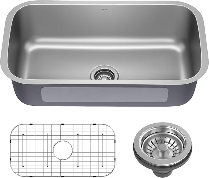 KRAUS Premier 32-inch Undermount Single Bowl 18-Gauge Stainless Steel Kitchen Sink with Bottom Grid and Strainer, KBU44