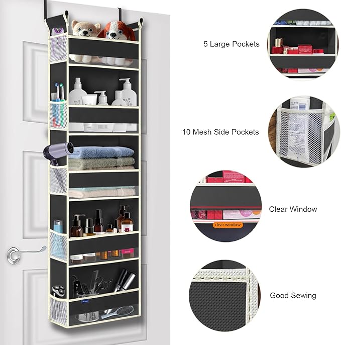 roomtalk Over The Door Hanging Organizer 5-Shelves and 10 Side Pockets, Over The Door Storage for Bathroom and Bedroom, Back of Door Organizers for Baby Accessories and Kid's Toys (13"x5"x44", Black)