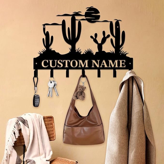 Personalized Custom Name Cactus Wall Keys Hooks,Metal Cactus Art Clothes Hooks,Metal Cactus Lover Wall Home Storage Decorative,For Front Door, Hallway, Kitchen, Bedroom,Keys,Hats (Style C)