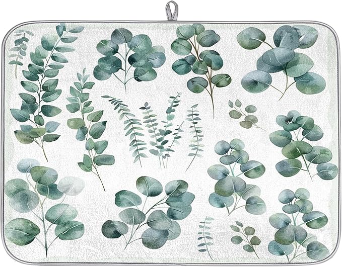Hexteria Dish Drying Mat for Kitchen Counter Dish Mat Pad Absorbent Microfiber Kitchen Drying Mat Dish Drainer Rack Mat, 16x18 Inch, Eucalyptus Leaves