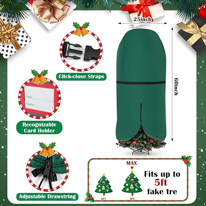 SATINIOR 6 Pcs Upright Christmas Tree Storage Bag Set 5 Ft Christmas Tree Storage Bag 26" Xmas Wreath Containers 11.8" Ornament Bags with Dividers Hold 64 Balls for Artificial Trees Garland(Green)