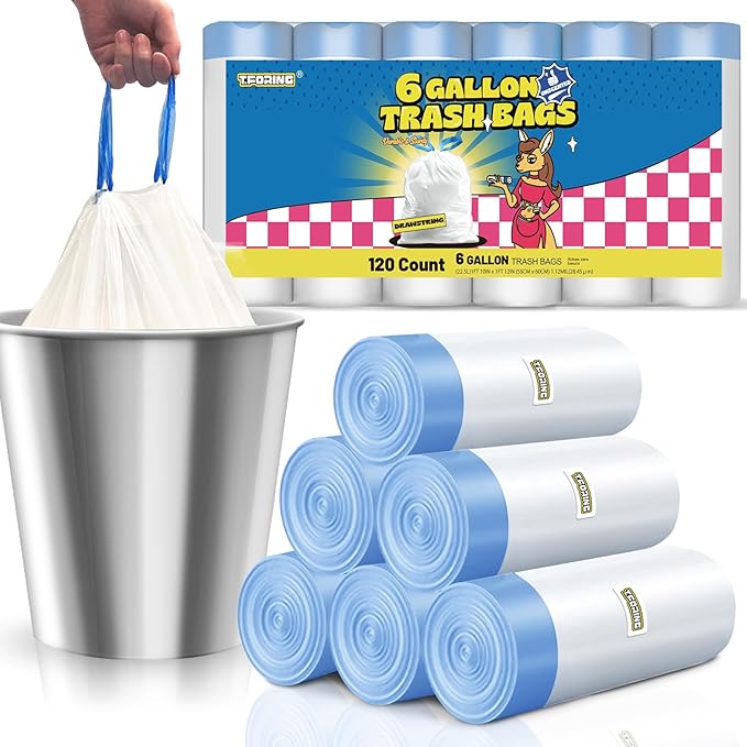 T.FORING 6 Gallon Trash Bags Drawstring 1.1 Mil - 120 Count Medium Garbage Bags,22.5 Liter Strong Plastic Trash Can Liners Unscented,Thick Waste Basket Bags for Home Bathroom Office Kitchen