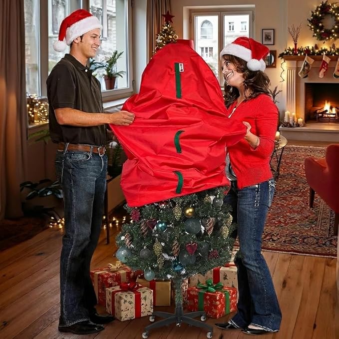 Upright Christmas Tree Storage Bag - Fits 9 Ft Artificial Xmas & Topiary Tree, Vertical Holiday Cover, Durable, Dustproof & Easy-Use Xmas Storage, Red