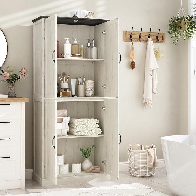71'' Tall Pantry Cabinet Set of 2, Farmhouse Kitchen Pantry Storage Cabinet with Barn Door and Adjustable Shelves, Rustic White Wood Freestanding Cupboard for Kitchen, Dining Room