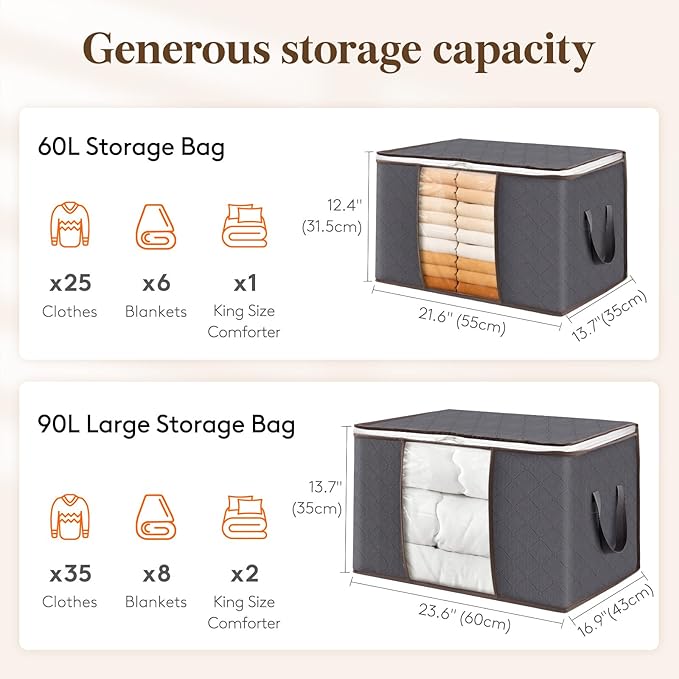 Lifewit Large Capacity Clothes Storage Bag Organizer with Reinforced Handle Thick Fabric for Comforters, Blankets, Bedding, Foldable with Sturdy Zipper, Clear Window, 15 Pack, 90L, Grey