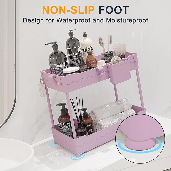Sevenblue 2 Pack Under Sink Organizer, Under Bathroom Cabinet Organizer with Hooks Hanging Cup, Multi-Purpose Storage Shelf for Kitchen Bathroom (Pink, L)