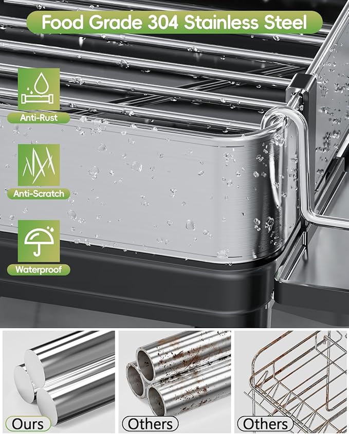 CosyPic Dish Racks, Thicker Premium 304 Stainless Steel Dish Drying Rack for Kitchen Counter, Automatic Drainage Spout, Dish Drainer & Drainboard Set with Utensil Holder and Cup Holder, Black