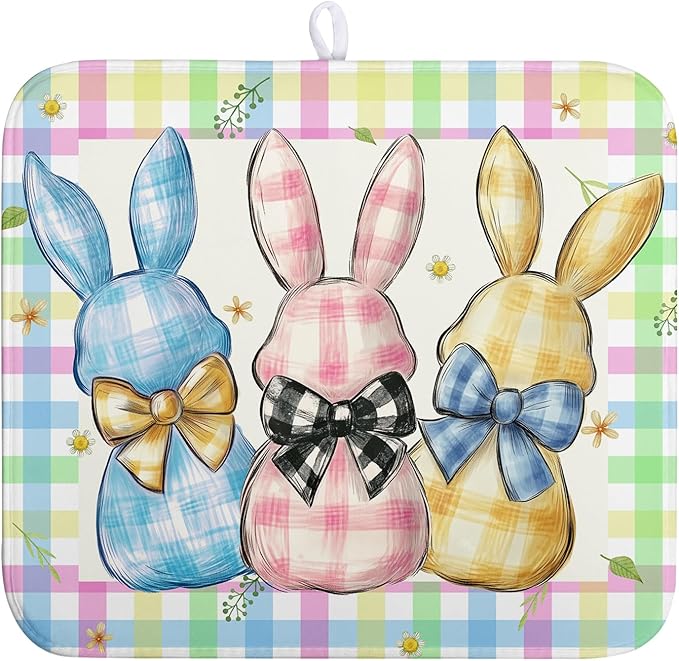 Wnoesat Easter Drying Mat for Kitchen Counter - 16x18 In, Multi-color (Buffalo Plaid), Microfiber & Composite Sponge, Cute Bunny Pattern, Absorbent Dish Drainer Mat