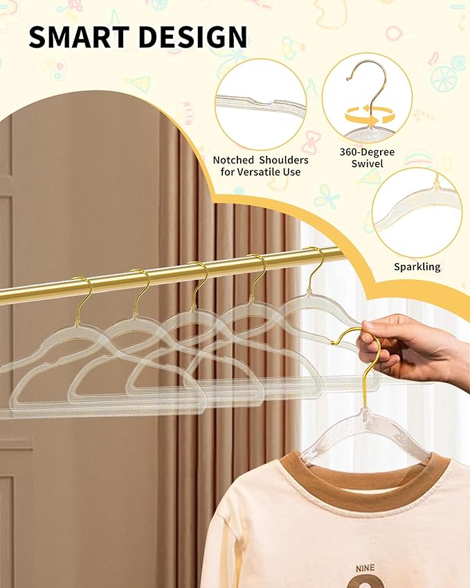 HGYZE Toddler Hangers for Kids Clothes Closet, 50pcs Slim Baby Hangers with 10 Connector Hooks for Infant Coat, Perchas de Plástico for Boy Nursery (Clear Sparkling Hangar with Gold Glitter)