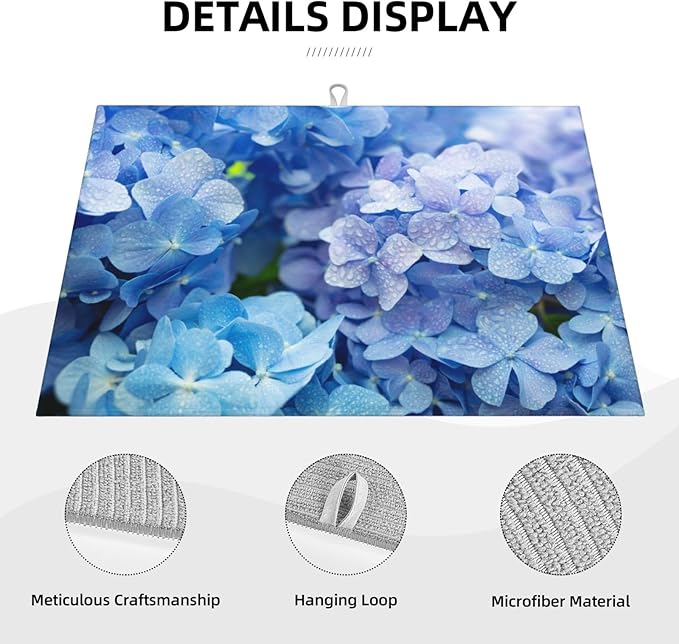 Absorbent Dish Drying Mat, Blue Purple Hydrangea Flowers Microfiber Pad Reversible Dish Drainer Mats Plate Hold for Kitchen Counter, Coffee Bar Decor, Heat Resistant, 18" x 24"