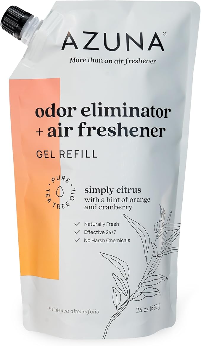 Azuna Air Freshener and Odor Eliminator for Strong Odor Gel 24oz Refill Pouch with Tea Tree Oil | Plant-Based & Long Lasting | Pet, Smoke, Home and Bathroom | Simply Citrus | Lasts 60–90 Days