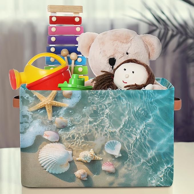 Beach Starfish Seashell Storage Basket for Shelves, Storage Bins with Handles, Collapsible Basket for Organizing, Closet Toy Baskets for Nursery Room, 15x11x9.5 in, Canvas, Ocean Animal