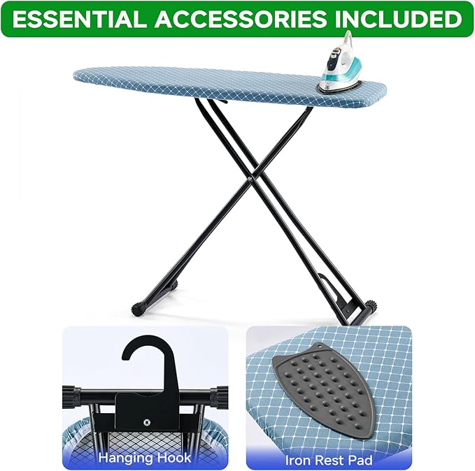 BKTD Compact Ironing Board 13 x 43, Iron Board with Heat Resistant Surface, Adjustable Height, Space Saving Table with Hook & Iron Rest for Home & Laundry Room, Diagonal Checkered Blue