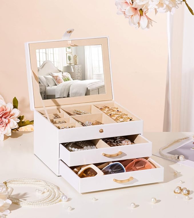 White Jewelry Box Organizer: Home Decor for Women - 2-Drawer Holder for Valentine’s Day Birthday Gift White Gold