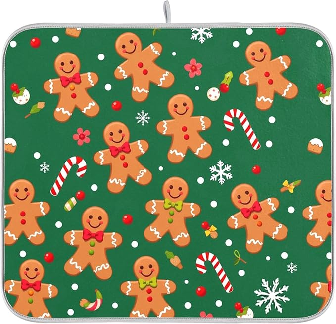 Christmas Gingerbread Man Dish Drying Mat for Kitchen Countertop 16x18 Winter Snowflake Candy Cane Green Small Drying Mat Reusable Quick Dry Dish Sink Mats Easy Clean Decorative Essentials