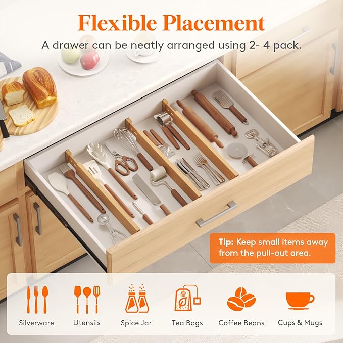 Lifewit 4 Pack Bamboo Drawer Dividers 2.4" High, 17.5-22" Kitchen Drawer Organizers, Adjustable Wooden Drawer Dividers for Clothes, Expandable Drawer Separators for Dresser, Bedroom, Bathroom, Cabinet