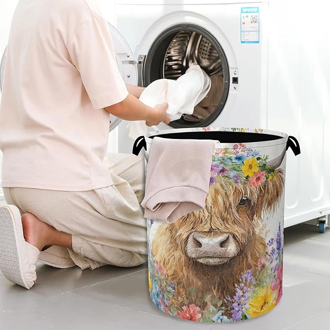 Hightland Cow Laundry Basket,Oxford Cloth Laundry Hamper with Handle Foldable Portable Clothes Storage Basket for Bathroom Bedroom Dorm Room 16" x 20.8"